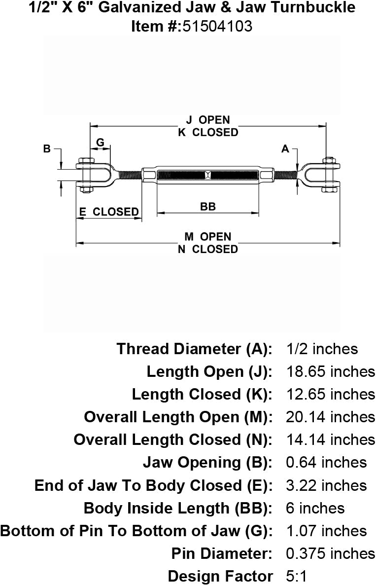 1/2" X 6" Galvanized Jaw & Jaw Turnbuckle