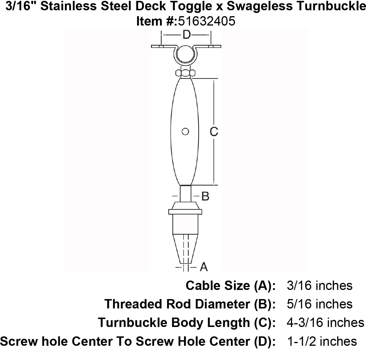 3/16" Stainless Steel Deck Toggle x Swageless Turnbuckle