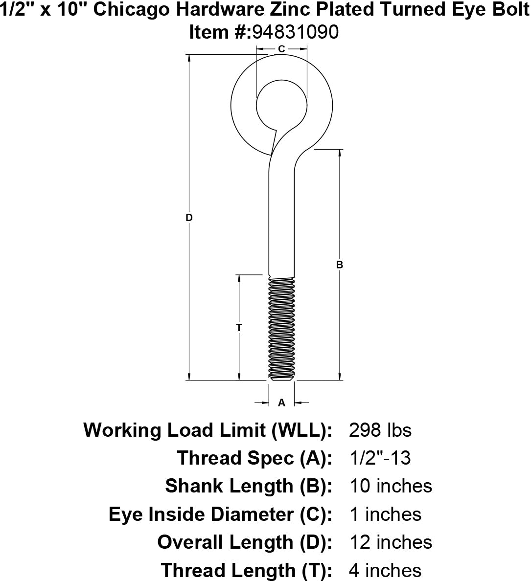 Turned Wire Eyebolt Zinc Plated 10pc Set- Turned Eye Bolt 1/2" x 10" 