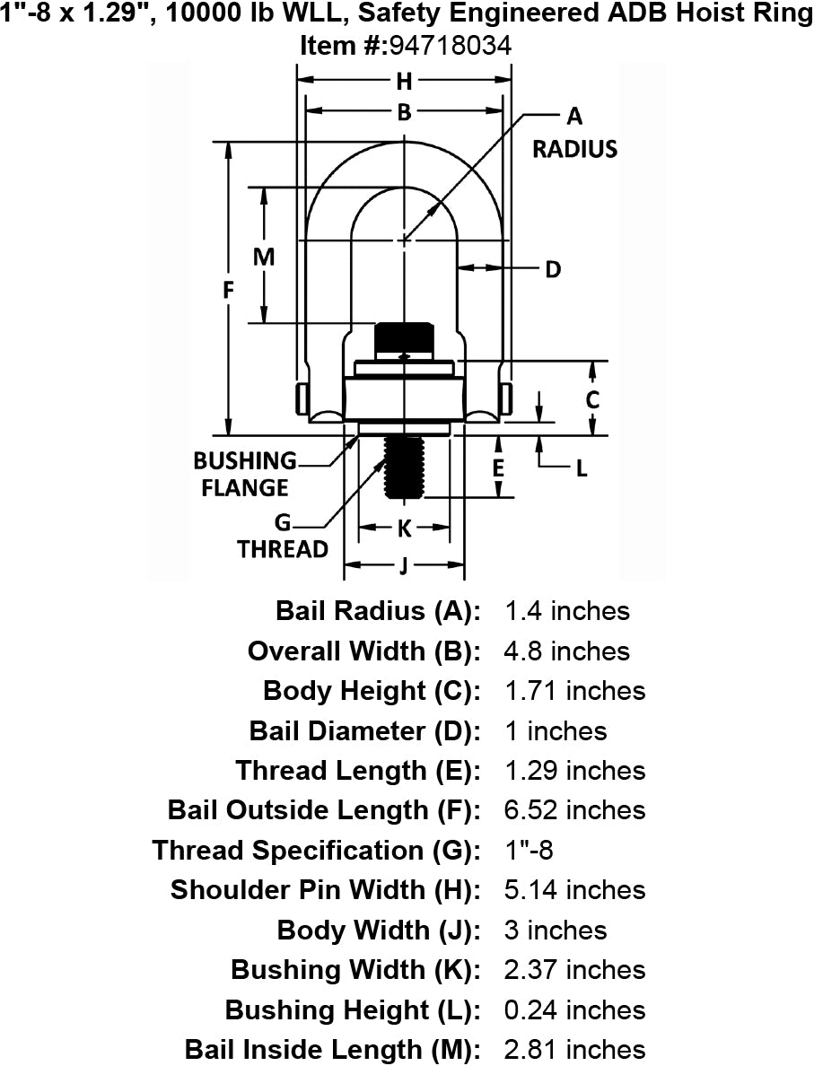 1-8; 1.29 Thread Length; 10,000 lbs Rating Load; 6.52 Overall Length Hoist Ring 