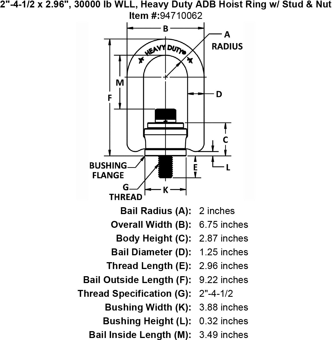 2 4 1 2 X 2 96 30000 Lb Wll Heavy Duty Adb Hoist Ring W Stud Nut