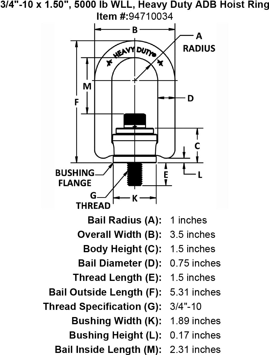 WLL 5000 lb ADB Hoist Rings 33714 Heavy Duty Hoist Ring 3/4-10 Thread 1.00 TP
